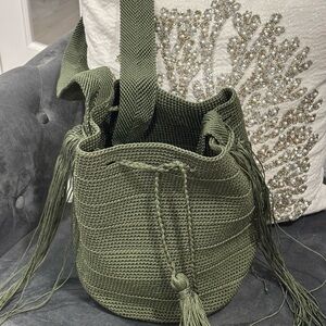 Olive Green Woven Bucket Bag